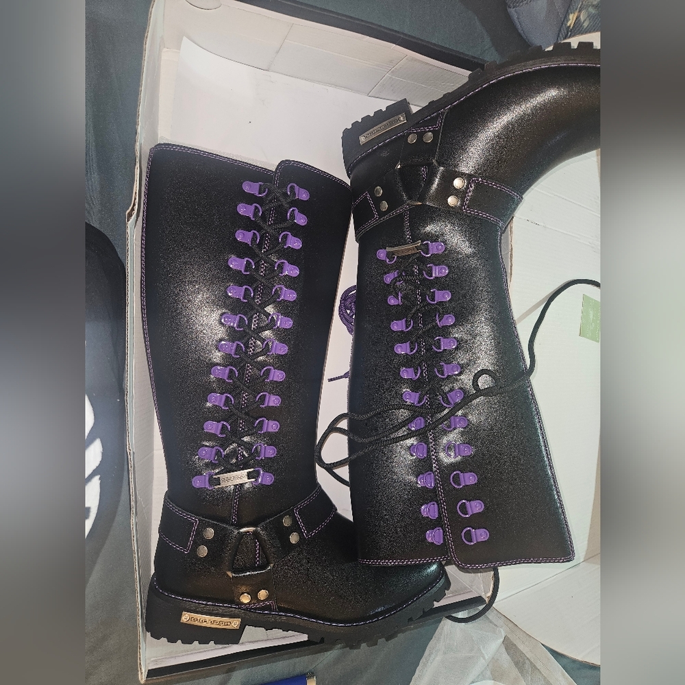 Black and Purple Lace-Up Motorcycle Boots
